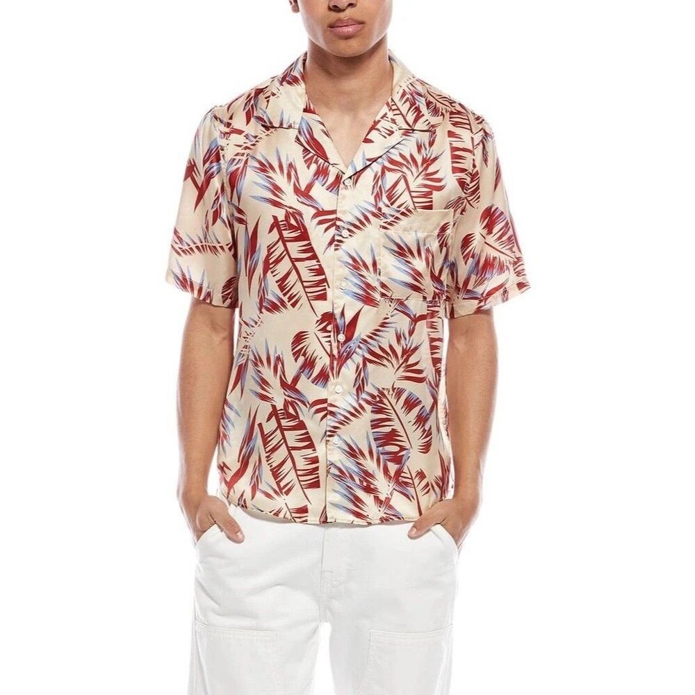 NWT Lg 100% Silk Spread Collar Palm Leaf Short Sleeve Button Up Vacation Shirt